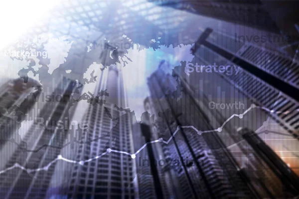 Business abstract background double exposure graph, chart and diagram. World wide map and. Global business and financial trading concept.