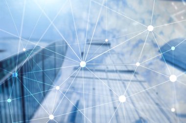 Bulanık gökdelenlerin arkaplanındaki engelleme ağı. Finansal teknoloji ve iletişim konsepti.