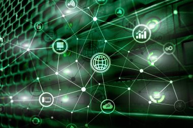 ICT - bilgi ve telekomünikasyon teknolojisi ve çok - Internet şeyler kavramları. Sunucu odası arka simgeleri ile diyagramları.