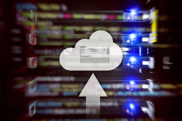 Cloud Speicher Datenzugriff Anmelde Und Passwortanforderungsfenster Hintergrund Des Serverraums Internet — Stockfoto