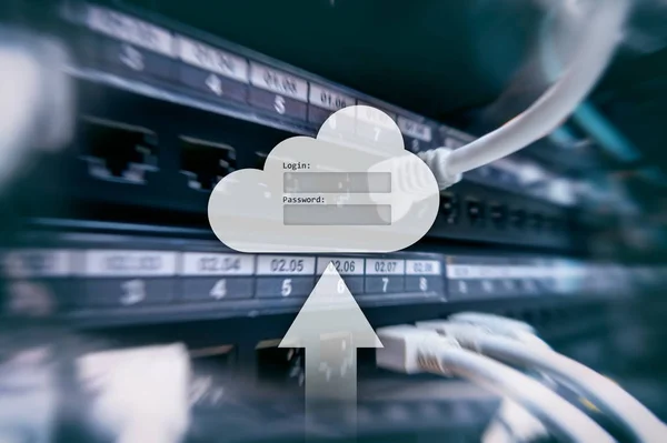 Cloud Speicher Datenzugriff Anmelde Und Passwortanforderungsfenster Hintergrund Des Serverraums Internet — Stockfoto