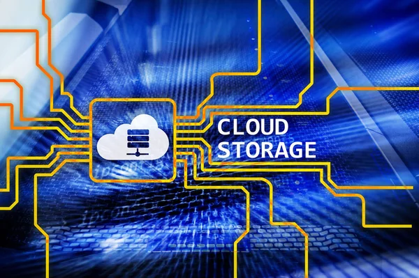 Cloud data storage concept on server room background.