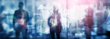 İş arka plan çift pozlama grafik, grafik ve diyagram. Dünya geniş harita ve Global iş ve finansal kavramı ticaret.