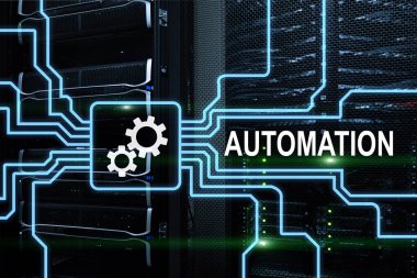 İş süreci ve yenilik teknoloji imalat Otomasyonu. Sunucu odası arka plan üzerinde Internet ve teknoloji kavramı.