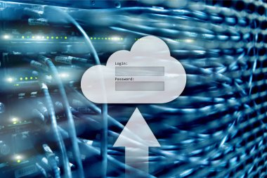 Bulut depolama, veri erişimi, Kullanıcı adı ve şifre talebi penceresini sunucu Oda arka plan üzerinde. Internet ve teknoloji kavramı.