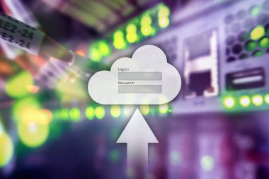 Bulut depolama, veri erişimi, Kullanıcı adı ve şifre talebi penceresini sunucu Oda arka plan üzerinde. Internet ve teknoloji kavramı.