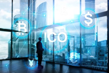 ICO - ilk para sunan, Blockchain ve cryptocurrency kavramı üzerinde bulanık iş arka plan kurma.