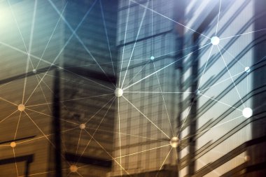 Bulanık gökdelenlerin arkaplanındaki engelleme ağı. Finansal teknoloji ve iletişim konsepti.