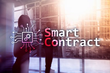 Akıllı sözleşmesi, iş, Finans Yüksek teknoloji kavramı blockchain teknoloji. Gökdelenler arka plan.