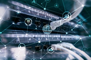 ICT - bilgi ve telekomünikasyon teknolojisi ve çok - Internet şeyler kavramları. Sunucu odası arka simgeleri ile diyagramları.