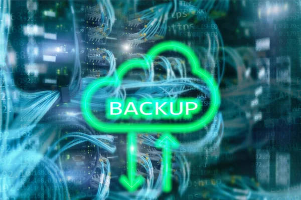 Backup Button Modern Server Room Background Data Loss Prevention System — Stock Photo, Image