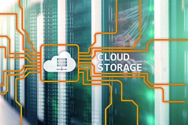 Cloud data storage concept on server room background.