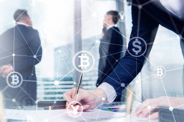 Çift Pozlama kavramı, Bitcoin ve blockchain. Dijital Ekonomi ve ticaret para.