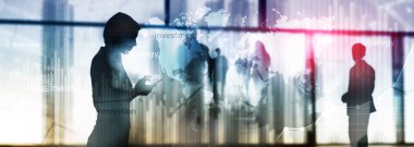 İş arka plan çift pozlama grafik, grafik ve diyagram. Dünya geniş harita ve Global iş ve finansal kavramı ticaret.