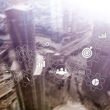 İş süreci otomasyonu kavramı. Dişliler ve arka plan üzerinde simgeler.