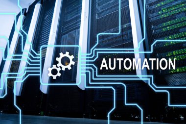 İş süreci ve yenilik teknoloji imalat Otomasyonu. Sunucu odası arka plan üzerinde Internet ve teknoloji kavramı.