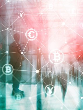 Çift Pozlama kavramı, Bitcoin ve blockchain. Dijital Ekonomi ve döviz ticareti. Arka kapak tasarım dikey biçimi.