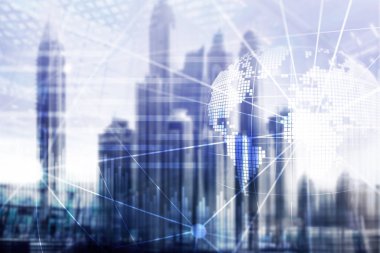 Çift Pozlama karışık ortam. 3D dünya gezegen hologram ve iletişim yapısı. Dünya geniş ağ ve küreselleşme kavramı.