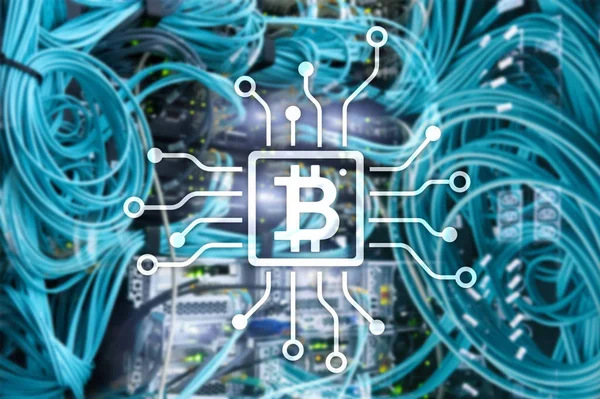 Bitcoin Blockchain Concept Server Room Background — Stock Photo, Image