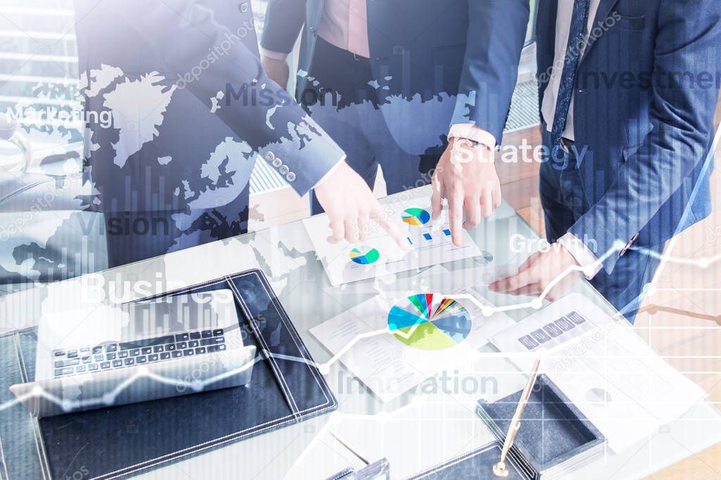 Business abstract background double exposure graph, chart and diagram. World wide map and. Global business and financial trading concept.