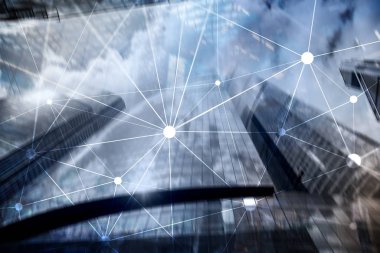 Bulanık gökdelenlerin arkaplanındaki engelleme ağı. Finansal teknoloji ve iletişim konsepti.