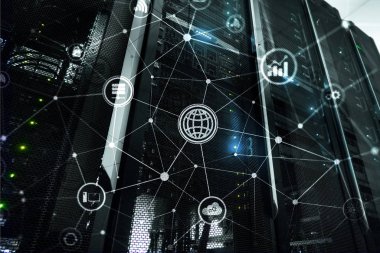 ICT - bilgi ve telekomünikasyon teknolojisi ve çok - Internet şeyler kavramları. Sunucu odası arka simgeleri ile diyagramları.