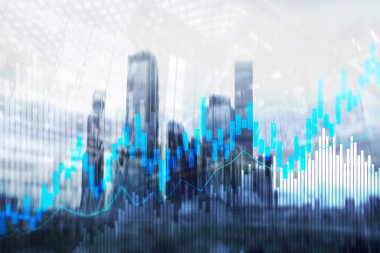 Bulanık ofis merkezi arkaplanındaki borsa şamdanı şeması ve şemalar.