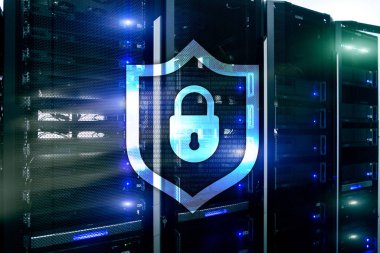 Cyber koruma kalkanı simgesi sunucu Oda arka plan. Bilgi güvenlik ve virüs algılama.