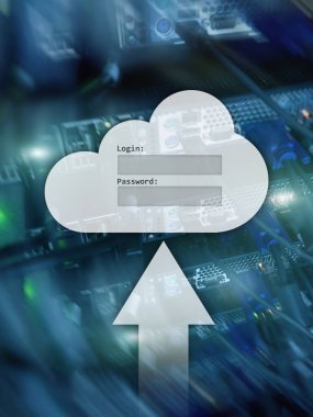 Bulut depolama, veri erişimi, Kullanıcı adı ve şifre talebi penceresini sunucu Oda arka plan üzerinde. Internet ve teknoloji kavramı.