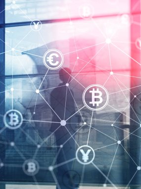Çift Pozlama kavramı, Bitcoin ve blockchain. Dijital Ekonomi ve döviz ticareti. Arka kapak tasarım dikey biçimi.