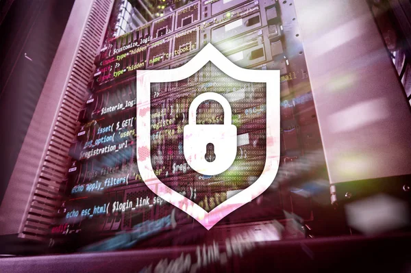 Ikona Tarczy Ochrony Cyber Tle Pokój Serwera Informacje Zabezpieczeń Wirus — Zdjęcie stockowe
