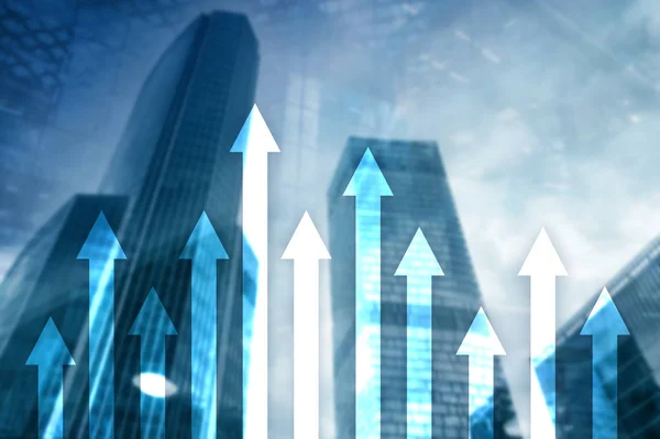 Gráfico Flecha Hacia Arriba Sobre Fondo Rascacielos Concepto Inversión Crecimiento —  Fotos de Stock