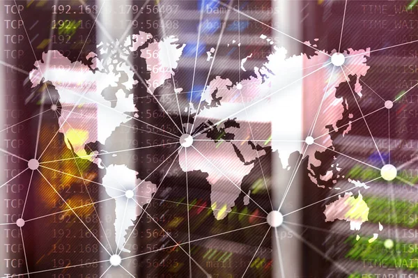 World Map Communication Network Server Room Background — Stock Photo, Image