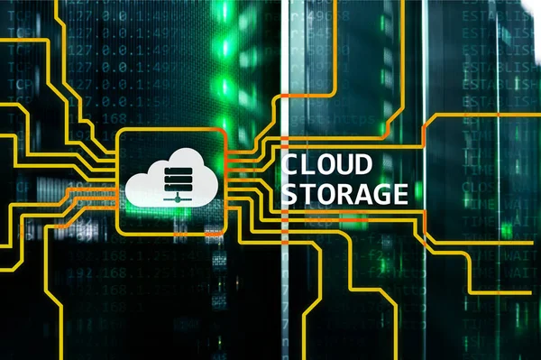 Cloud data storage concept on server room background.