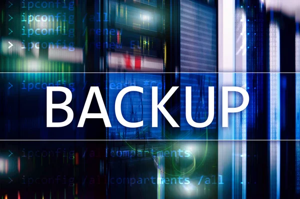 Backup Knappen Moderna Server Rum Bakgrund Förebyggande Dataförlust Systemåterställning — Stockfoto