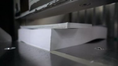 Kağıt kesme işlemi, yakın çekim, kesici kesme Kağıt Giyotin. Ağır çekim 250fps (videoyu içeren gürültü ve titreşim)