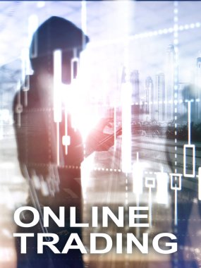 Online ticaret, Forex, yatırım kavramı bulanık iş merkezi zemin üzerine. Arka kapak tasarım dikey biçimi.