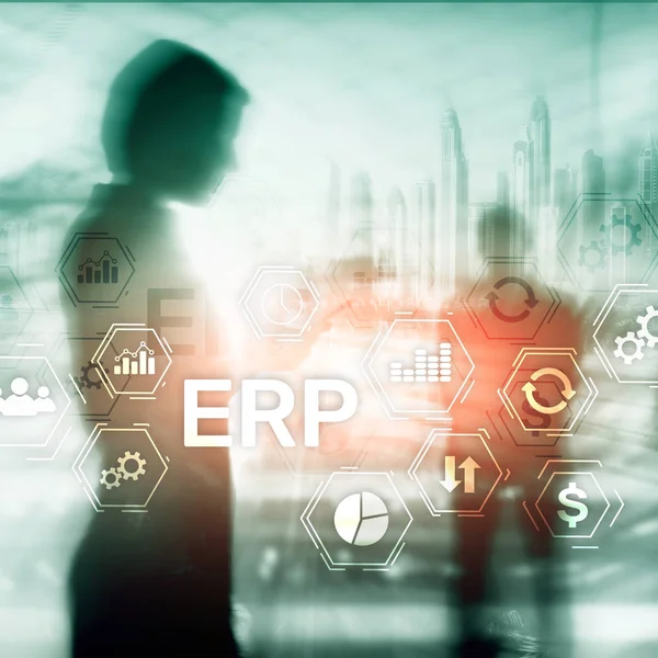 Erp Systeem Enterprise Resource Planning Vage Achtergrond Bedrijfsautomatisering Innovatie — Stockfoto