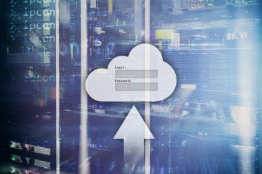 Bulut depolama, veri erişimi, Kullanıcı adı ve şifre talebi penceresini sunucu Oda arka plan üzerinde. Internet ve teknoloji kavramı.