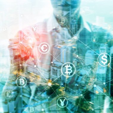 Çift Pozlama kavramı, Bitcoin ve blockchain. Dijital Ekonomi ve ticaret para.