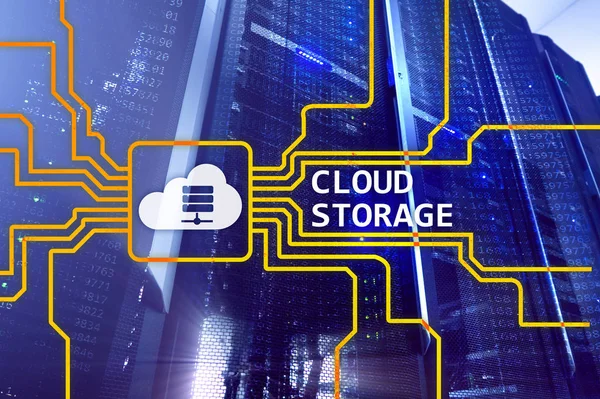 Cloud data storage concept on server room background.