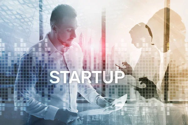 Startup Concept Double Exposure Diagrams Blurred Background — Stock Photo, Image