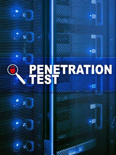 Penetration test. Cybersecurity and data protection. Hacker attack prevention. Futuristic server room on background. Servers room