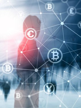 Çift Pozlama kavramı, Bitcoin ve blockchain. Dijital Ekonomi ve döviz ticareti. Arka kapak tasarım dikey biçimi.