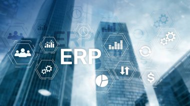 ERP sistemi, bulanık arka planda Atılgan kaynak planlaması. İş otomasyonu ve yenilik kavramı.