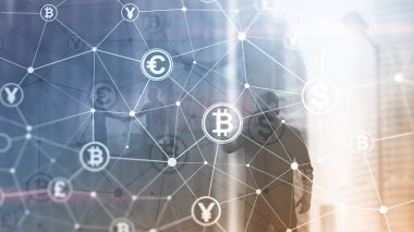 Çift Pozlama kavramı, Bitcoin ve blockchain. Dijital Ekonomi ve ticaret para.