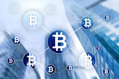 Bulanık gökdelenler arka plan üzerinde Bitcoin cryptocurrency ve blockchain teknoloji kavramı.