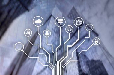 Bulanık iş merkezi zemin üzerine telekomünikasyon ve çok kavramı.