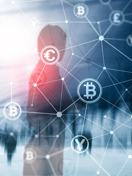 Doble Exposición Bitcoin Blockchain Concepto Economía Digital Comercio Divisas Diseño — Foto de Stock