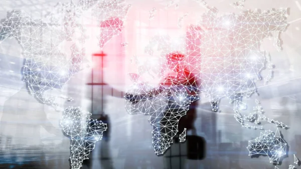 Globale Weltkarte Doppelbelichtungsnetzwerk Telekommunikation Internationales Business Internet Und Technologie Konzept — Stockfoto